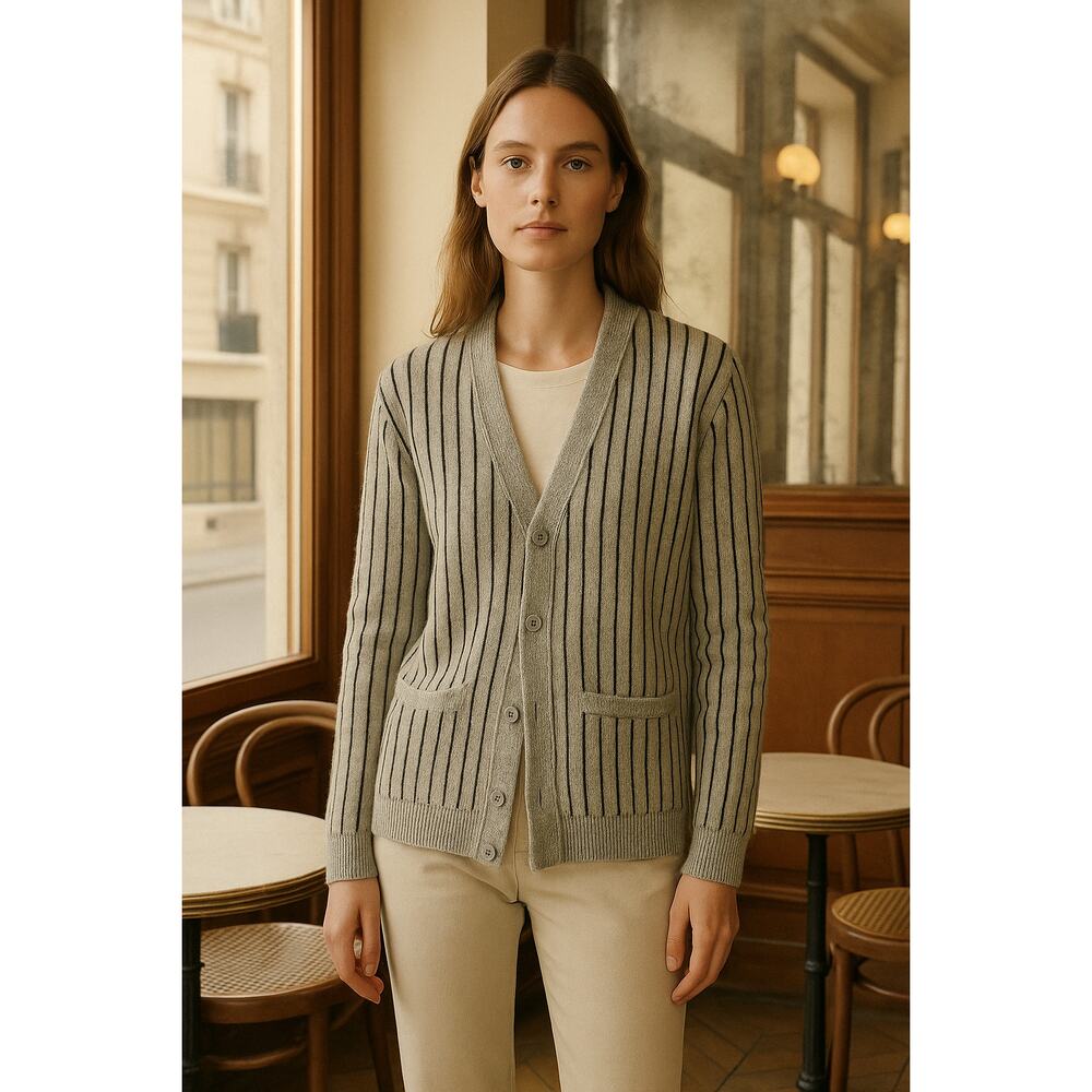 Stussy Wool Knit Cardigan S gray/black pinstripe patch pockets skate style